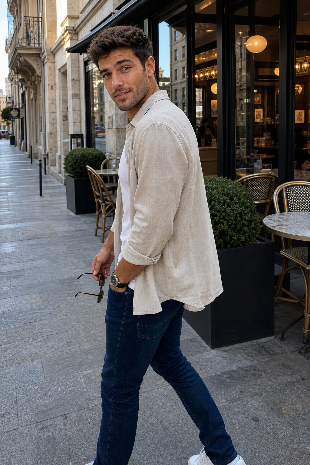 Luca Moretti walking near a city cafe in relaxed quiet luxury street style.