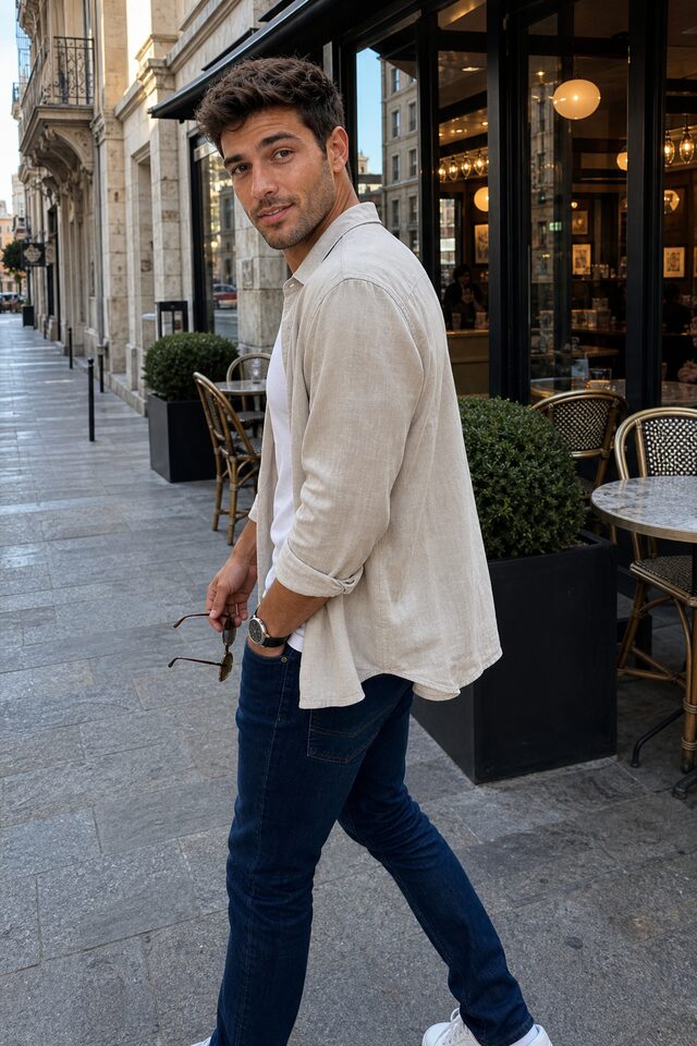 Luca Moretti walking near a city cafe in quiet luxury street style.