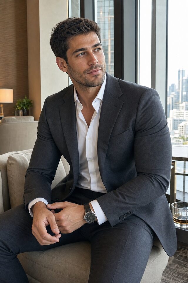 Luca Moretti in charcoal tailoring in a quiet hotel lounge.