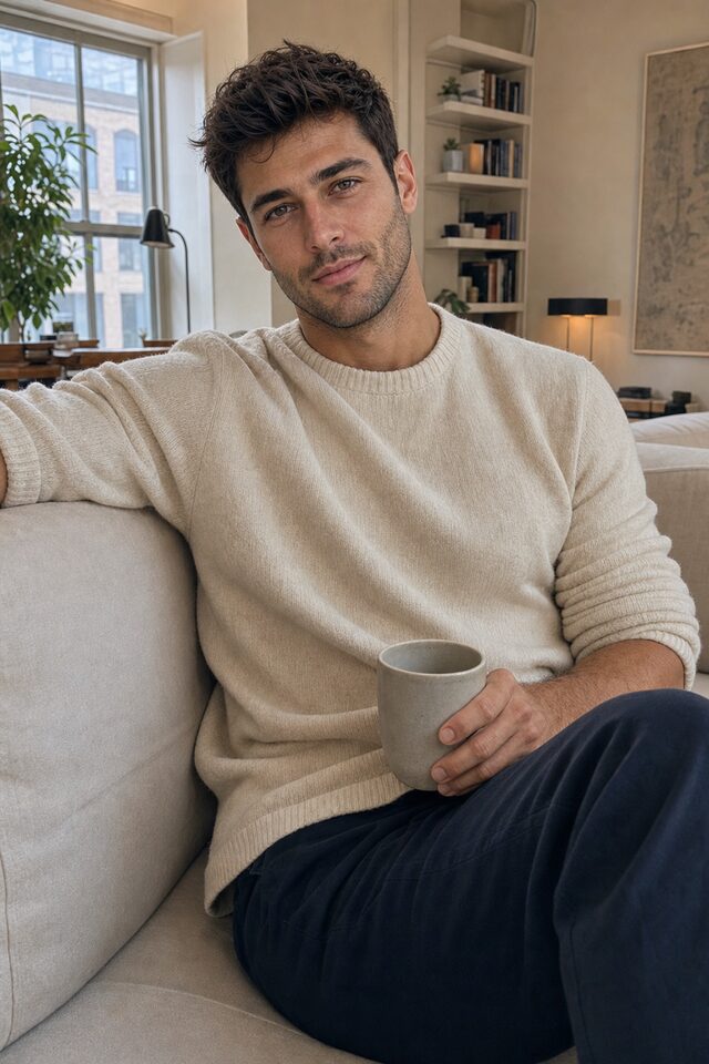 Luca Moretti seated in a warm apartment with coffee and soft morning light.